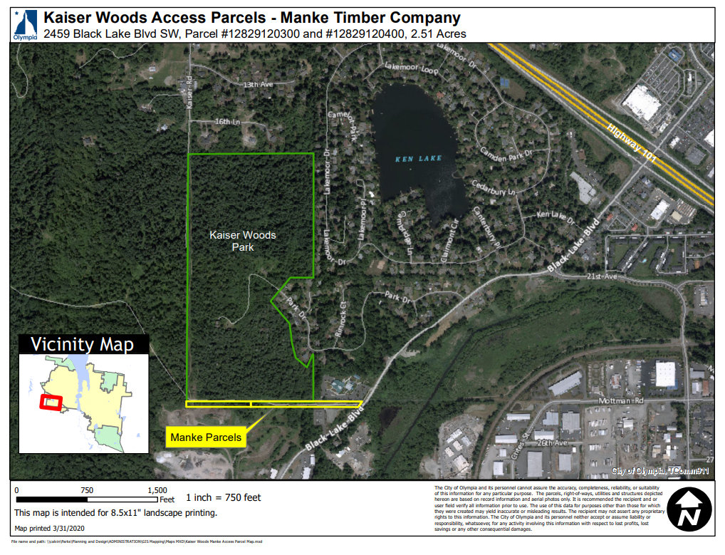 The 70-acre Kaiser Woods Park property abuts the county to the west and Tumwater to the south.